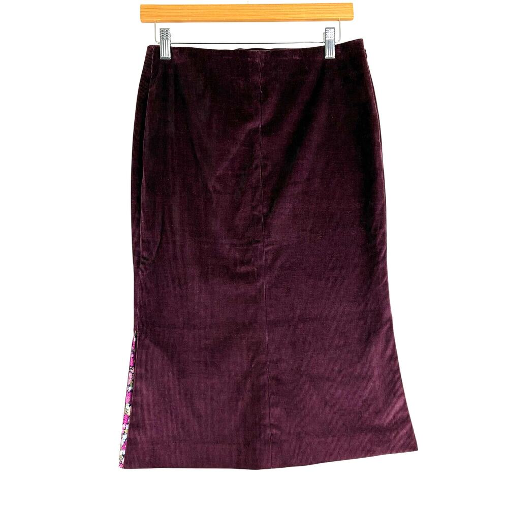 Tibi Corduroy Midi Skirt Women's 2 Burgundy Ribbed Floral Leather Tie Western
